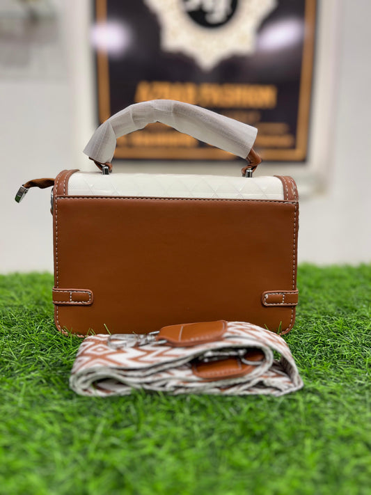 Elegant White & Brown Shoulder Purse/Bag with Sleek Handle – Perfect for Any Occasion