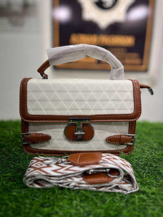 Elegant White & Brown Shoulder Purse/Bag with Sleek Handle – Perfect for Any Occasion