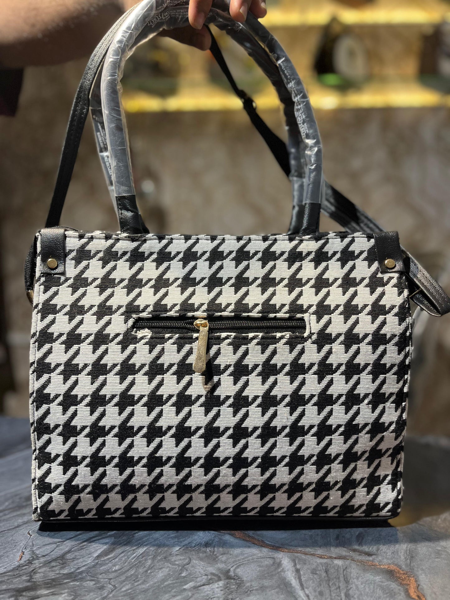Elegant Black & White Shoulder Purse/Bag with Sleek Handle – Perfect for Any Occasion